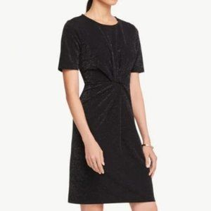 ANN TAYLOR BLACK SILVER SHIMMERING FRONT KNOT SHORT SLEEVES DRESS SIZE: M NWT